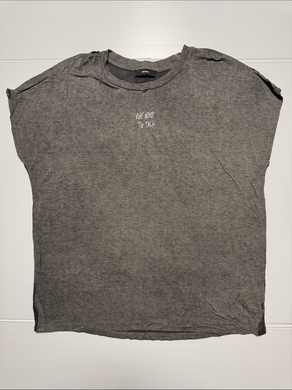 DIESEL Y2K 'We Need To Talk' Oversized Boxy Gray Graphic Tee Raw Edges XXS